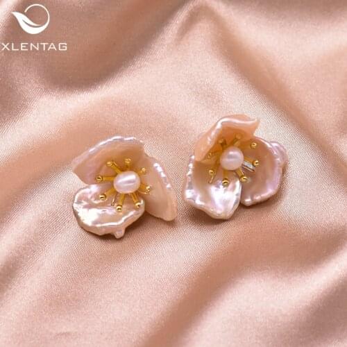 XlentAg Original Pink Flower Stud Earrings For Women Natural Freshwater Pearl Statement Boho 925 Sterling Silver Jewlery GE0958B