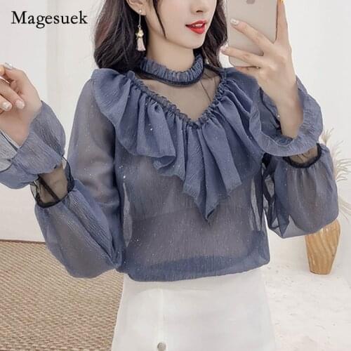 New Korean Style All-match Mesh Stitching Womans Shirts Stand Collar Office Lady Womans Blouses Solid Sexy Lace Shirts 10612