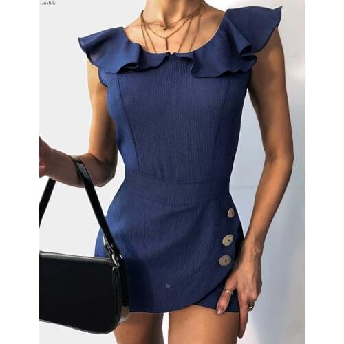 Women Sexy Round Neck Buttoned Ruffles Romper