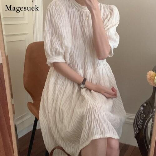 Knee-length Women Loose Dresses 2021 Summer French Style Khaki White Dress Sweet Dress Short Sleeve High Waist Vestidos 13819