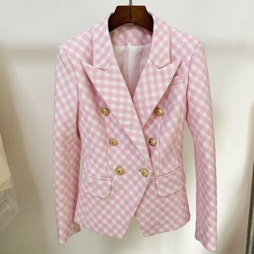 EXCELLENT QUALITY Newest 2021 Designer Jacket Womens Slim Fit Lion Buttons Double Breasted Tweed Plaid Blazer