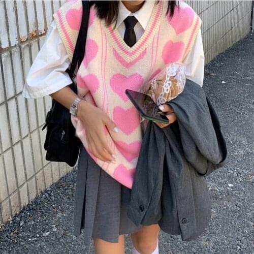 Streetwear Heart Pattern Sweater Vest Women Vintage Autumn Winter Loose Cute Top Pink Knitted Vest chaleco mujer