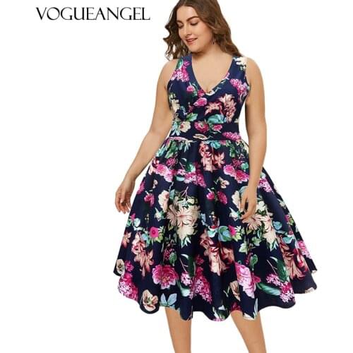 Women Plus Size Deep V Neck Sleeveless Floral Printed Vintage Ball Gown Party Dress Ladies Retro Party Dress Robe Femme S-5XL
