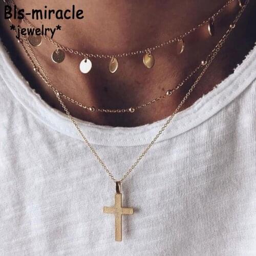 New 2020 Boho Vintage Necklaces For Women Gold Round Sequin Cross Pendant Necklace Multilayer Female Jewelry Valentine Gift