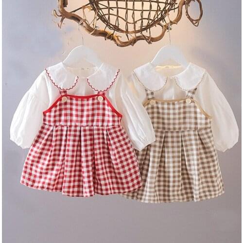 Sweet 2021 Girls Princess 2pcs Clothes Set Baby Kids Children Autumn Long Sleeve Bow Tops Shirt+Plaided Sling Dress Suit ADK167