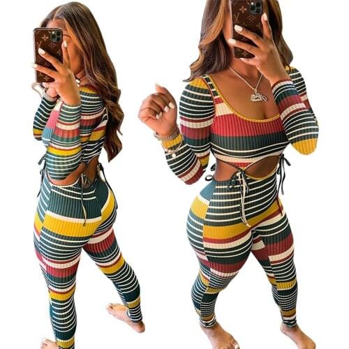 2 Piece Sets Womens Sexy Club Outfits Fashion Color Stripe Strappy Long Sleeve Crop Tops and Pencil Pants Set Plus Size Outfits