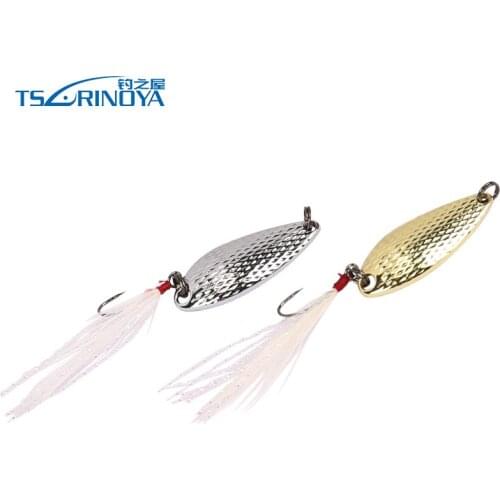 2Pcs TSURINOYA 3.5g/5g Spoon Fishing Lure Pure Copper Metal Bait Spoon Sequins With Feathers Barbed Hook Artificial Baits