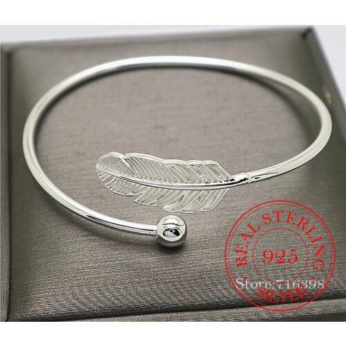 Fashion 925 Sterling Silver Jewelry High-quality Female Simple Feather Open Bangle&Bracelet For Women pulsera de plata