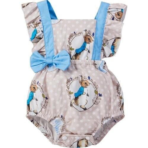 Citgeett Summer Easter Day Newborn Baby Girl Boys Ruffles Short Sleeve Backless Rabbit Print Bow Jumpsuit Bodysuit Clothes