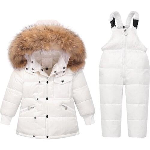 2021 New Russia Winter Snowsuits For Baby Boys Girls Toddler Kids Fur Hooded Down Parka Coat+Overalls Jumpsuit Children Clothing