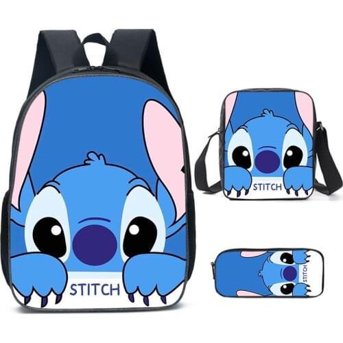 Disney Stitch School Bag 3 Pcs Boys Girls Backpack School Bags Unisex 3D Printed Casual Travel 16inch Outdoor Mochila Infantil