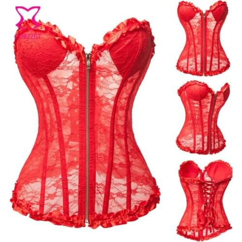 Gothic Burlesque Solid Floral Lace Overbust Corset with Padded Cup Women Bridal Bustier Zipper Sexy Lingerie Corselet Gorset