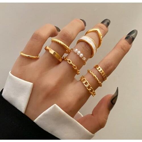 Vienkim Hiphop Gold Chain Rings Set For Women Girls Punk Geometric Simple Finger Pearl Rings 2021 Trend Jewelry Party Accessorie