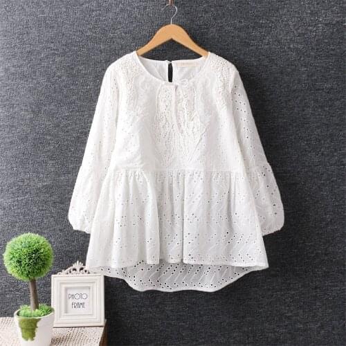 Lamtrip Sweet Hollow Out Embroidery Gothic Lace White Cotton Long Sleeve Doll Shirt 2021 Summer