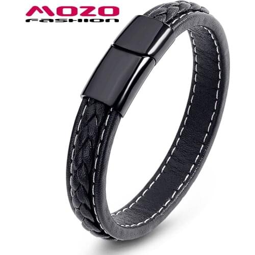 Fashion Men Black Leather Stainless Steel Magnetic Buckle Bracelets & Bangles Male Punk Jewelry Pulseras