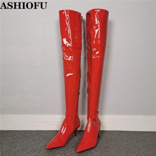 ASHIOFU 2020 New Handmade Ladies High Heel Boots Patent Leather Sexy Wedding Club Thigh High Boots Evening Stripper Female Boots