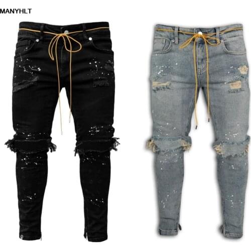 European And American New Mens Clothing Slim-fit Knee Hole Mens Jeans Fashion Casual Pants Feet Pants Street Mens ClothingY2K