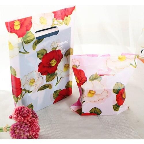 New Style Red Flower Plastic Gift Bags With Handles 100pcs/lot 15*20cm Plastic Packaging For Mini Jewelry Christmas Gift Pouches