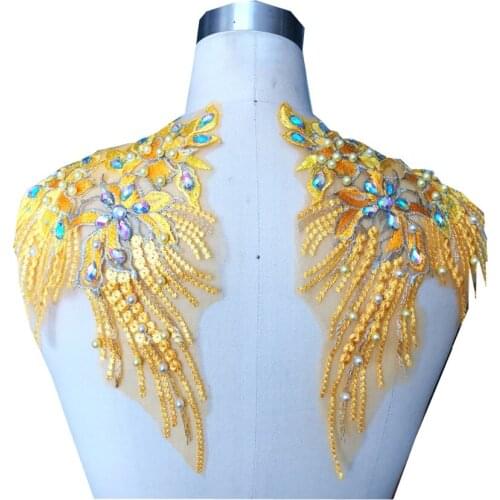 Sew on rhinestones lace applique golden trim patches for dress DIY accessories 24*18cm*2pcs