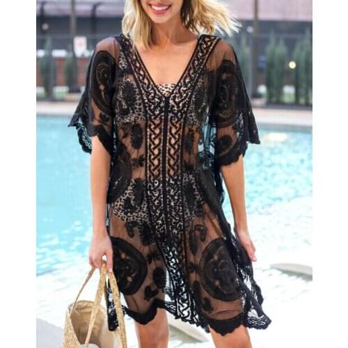 Sexy Ladies Lace Mesh Beach Dress Bikinis Swimsuits Cover Ups Floral Perspective Beachwear V Neck Loose Kaftan Swimwear Women