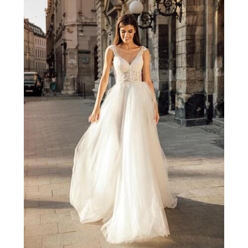Wedding Dress A-Line Sheer Neck Cap Sleeve Chiffon Lace Appliques Sequins Button Sweep Train Bridal Gown 2021 Vestidos De Noiva