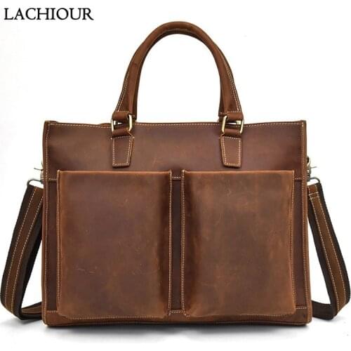 Vintage Men Genuine Leather Handbags Large Business Office Laptop Bag Male Travel Shoulder Bag Mens Briefcase Totes Bag