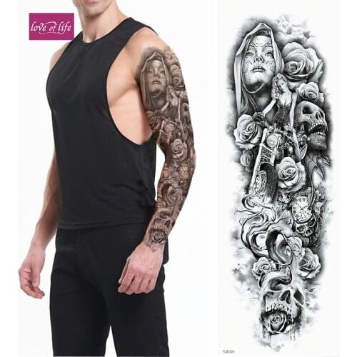 1Pcs Temporary Tattoo Sticker Dead Skull Pattern Full Flower Tattoo With Arm Body Art Big Large Fake Tattoo Sticker