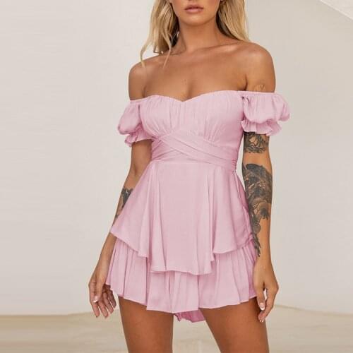 Fashion Off Shoulder Lantern Sleeve Womens Jumpsuit Sexy Ruffle Printing Lace Up Female Rompers 2021 Summer Sweet Lady Clothes