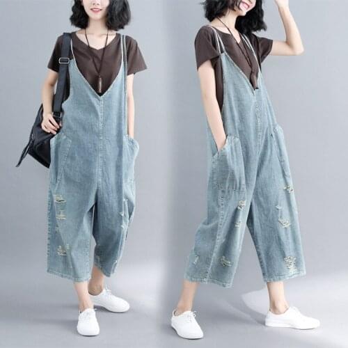 #0152 Plus Size Jumpsuits In Women Vintage Summer Sleeveless V-neck Blue Wide Leg Jeans Bodysuit Front Pockets Casual Loose Thin
