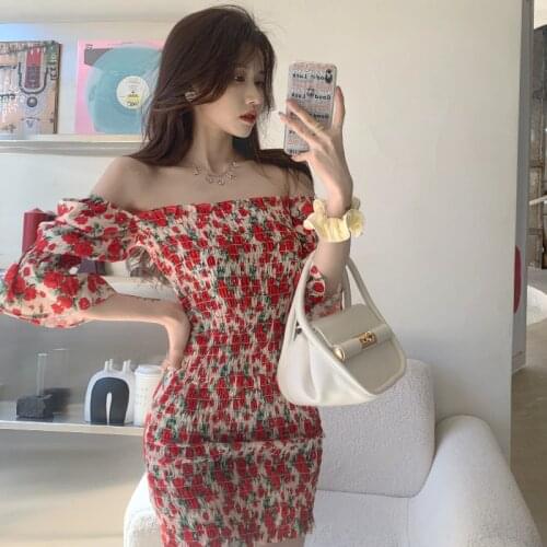 Women Dress Print Summer Off Shoulder Slim Bodycon Woman Dresses Slim Streetwear Korean Fashion Red Women Clothing 2021 WPY3340