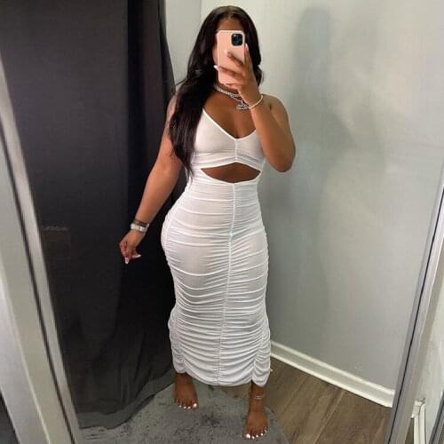 Dourbesty Woman Cut Out Pleated Maxi Dress Femme Halter Lace Up Backless Ruched Skinny Hem Split Sexy Party Tank Midi Dress