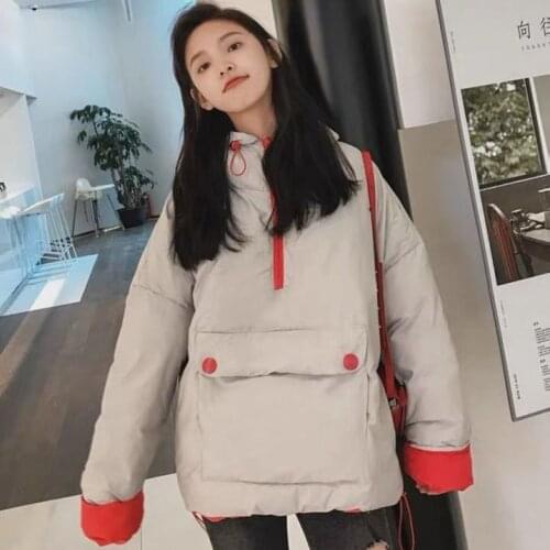 VOOCIEC Winter Fashion Girl White Duck Down Bread Down Jacket Harajuku Style College Girl Tooling Down Cotton Coat Jacket