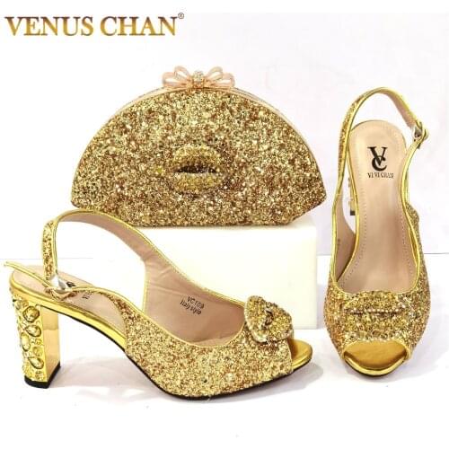 2021 Latest Golden Color Italian design Ladies Shoes and Bags To Match Set Nigerian Shoes and Matching Bag Set for Party