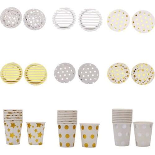 10 Pcs/Lot Gold Silver Stripes and Dot Paper Cups Plates Wedding Birthday Party Supplies