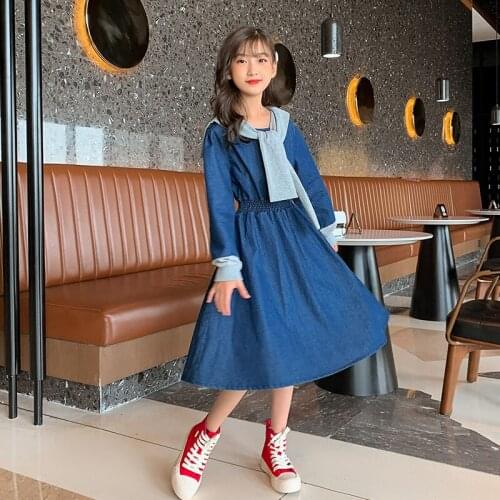 2021 Girl Dress Elegant Autumn Long Sleeve Stitching Denim Kids Dresses for Girls Princess Children Clothing 4 6 8 10 12 14 16Y