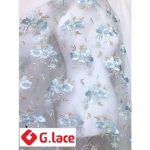GLace 1Y/lot 1.3 m blue embroidered lace fabric handmade clothing skirt printing clothing dress mesh yarn diy clothTX168