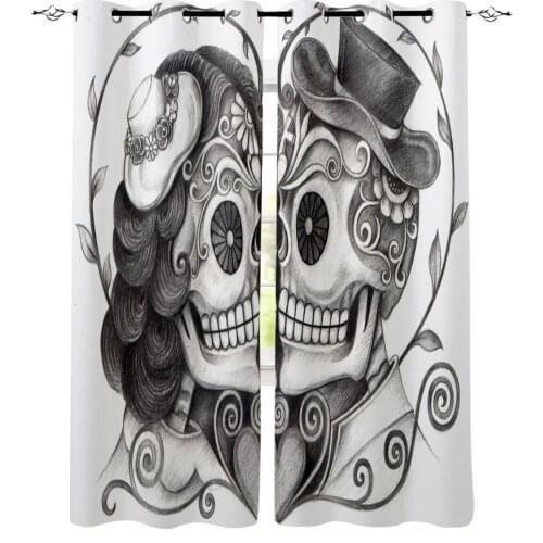 Love Skull Flowers Window Curtains Home Decor Curtains for Living Room Kitchen Items Drapes Curtains for Bedroom