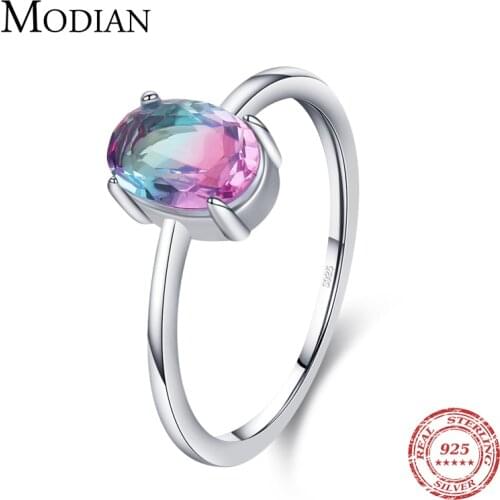 Modian 100% Real 925 Sterling Silver Simple Luxury Oval Rainbow Color Tourmaline Finger Ring For Women Wedding Statement Jewelry