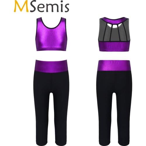 MSemis Girls Rhythmic Gymnastics Ballet Dance Practice Wear Shiny Metallic Crop Top Leggings Pants Set Kids Girls Costumes