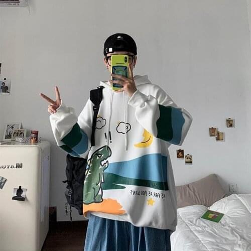 Autumn Winter Cashmere Ins Harbor Style HandsomeTrend Hooded Mens Korean Loose Dinosaur Print Coat Fashion Student Clothes