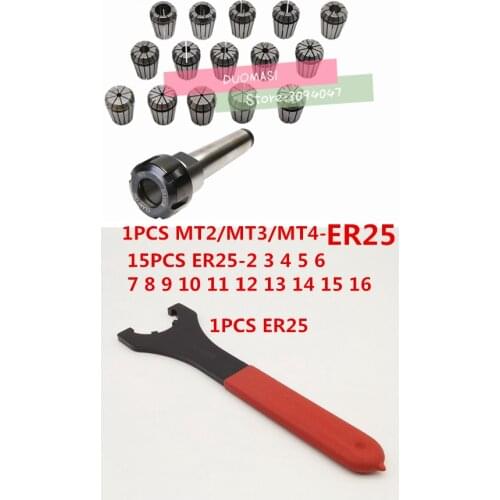 ER25 Spring Clamps 15PCS MT2 MT3 MT4 ER25 1PCS ER25 Wrench 1PCS Collet Chuck Morse Holder Cone For CNC Milling Lathe tool