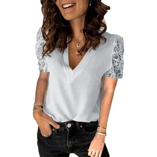 Plus Size Women Blouse Summer Short Sleeve V Neck Shirts Fashion Female Lady Lace Patchwork Office Shirt Daily Life Tops