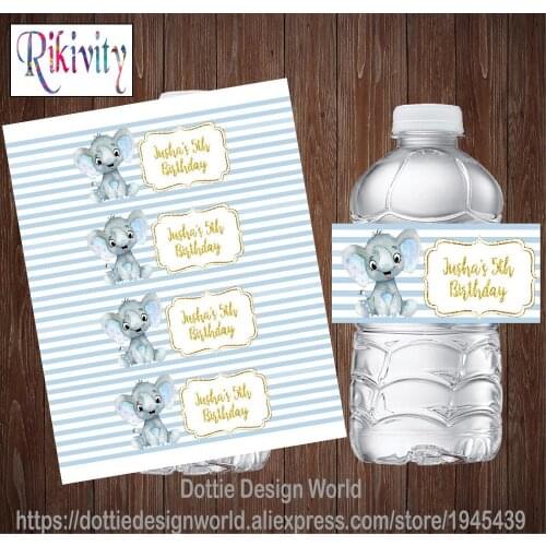 Custom Light Blue Elephant Prince Birthday Party Water Bottle Wine Labels Candy Bar Wrapper Sticker Baby Shower Favor Decoration