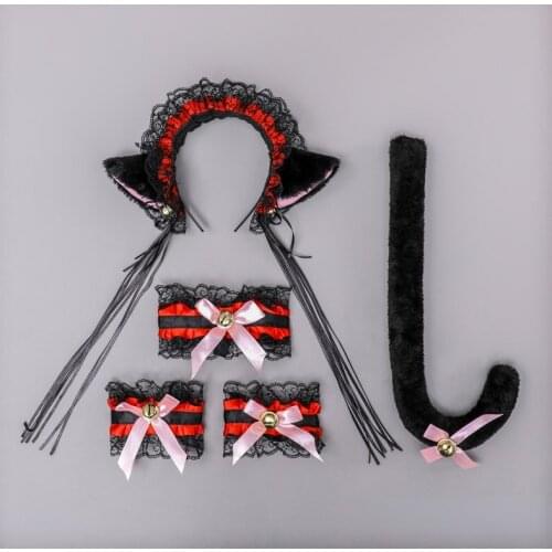 Sexy Women Fox Cat Girls Lace Tassels Ear Headband Neckwear Wristband Housekeeper Maid Anime Cosplay Costume Set Party Props