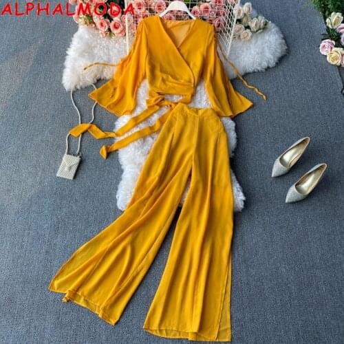 ALPHALMODA V-neck Bow Tie Waist Closed Flare Sleeve Chiffon Shirt High Waist Split Wide Leg Pants Women 2021 New Fashion Suit