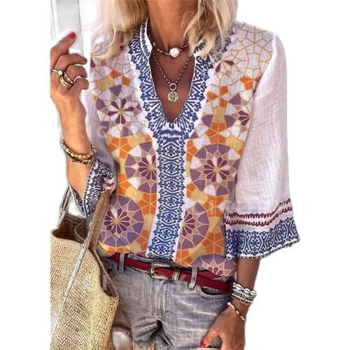 2021 New Design Good Quality Fashion Hot Selling Womens Three-Quarter Sleeves V-Neck Digital Printing Casual Loose T-Shirt