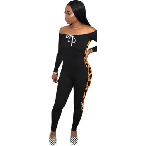 Womens Leopard Spliced Skinny Long Jumpsuit Sexy Slash Neck Full Sleeve One Piece Overlls Autumn Black Drawstring Club Outfit