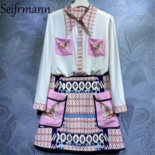 Seifrmann 2021 Autumn Women Fashion Runway Skirts Sets Lantern Sleeve Pockets Blouses + High Waist Vintage Printed Skirts Suits