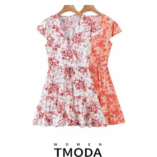 TMODA1001 2021 Women V Neck Dress Wrap Summer Boho Floral Paisley Mini Print Dress Ladies Holiday Beach Casual Floral Dress