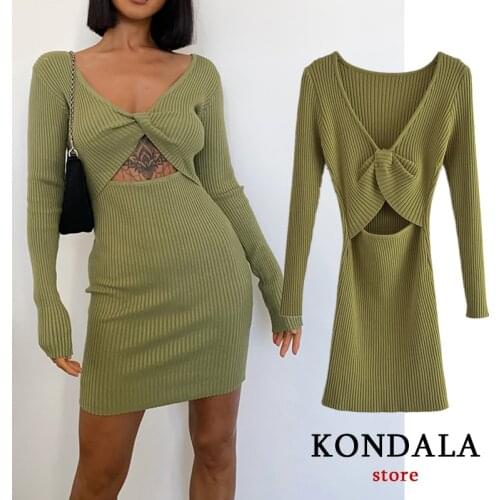 Za 2021 Chic Army Green Sexy Hollow Out Mini Party Knitted Dress Women Long Sleeve Deep V Neck Sheath Dress Female Fashion